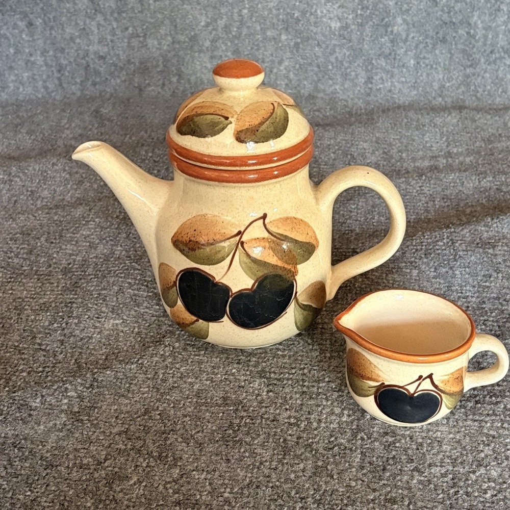 Vintage Waechtersbach Teapot And‎ Creamer Plum Leaf West Germany Stoneware 1970s
